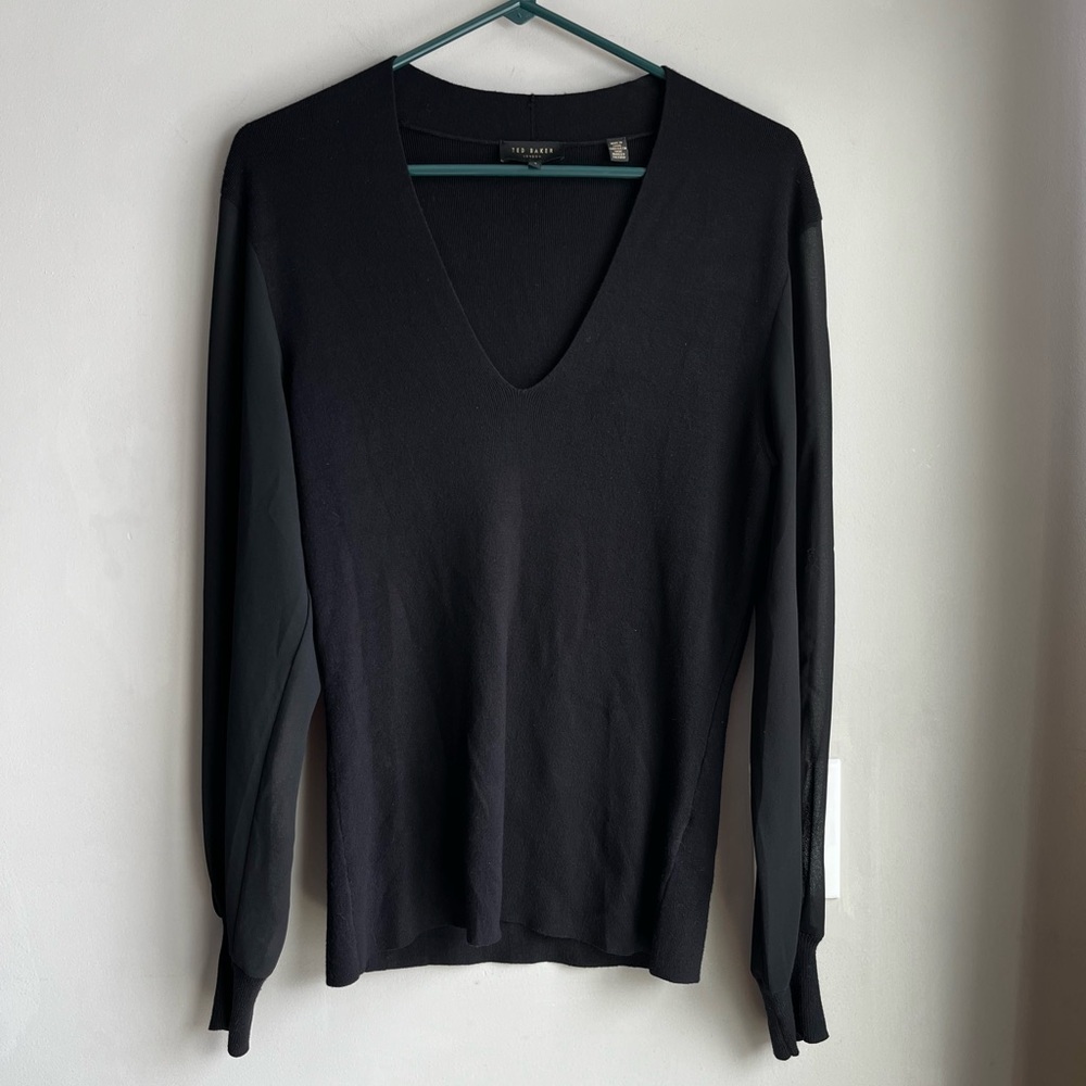 Ted Baker Black V-Neck Top With Sheet Sleeves Size 4 Small Classic